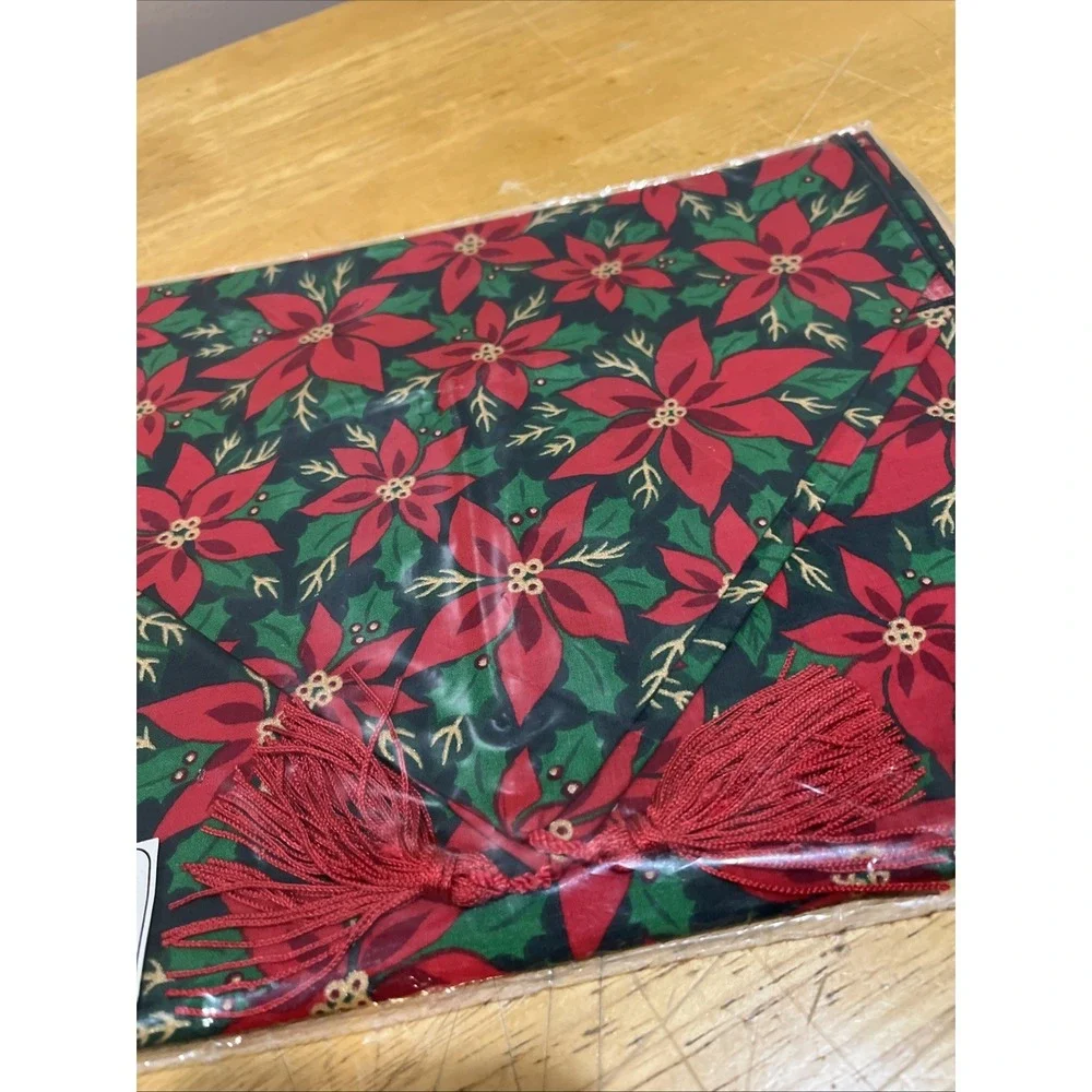 Deborah Mallow Poinsettia Christmas Table Runner Holiday Red Green tassel 12x92